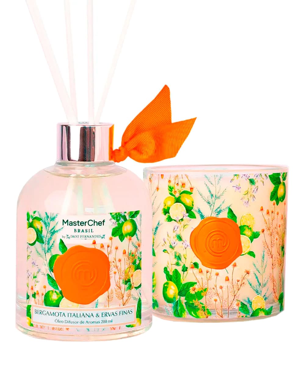 Kit Sala de Jantar Bergamota Italiana e Ervas Finas Masterchef - Difusor de Varetas e Vela Perfumada
