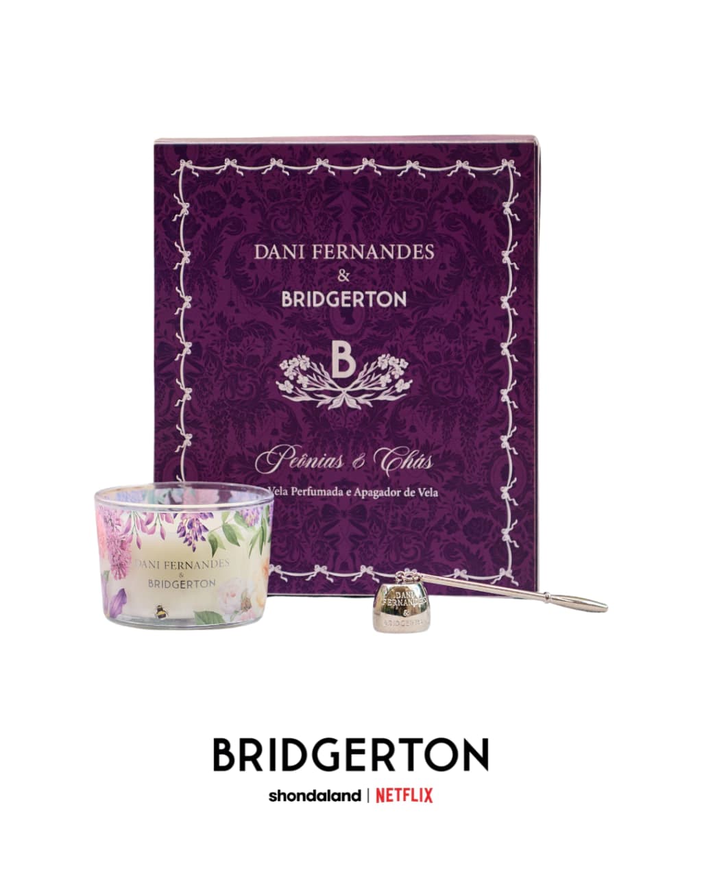 Kit Vela Perfumada 90g e Apagador Peônias & Chás | Dani Fernandes & Bridgerton